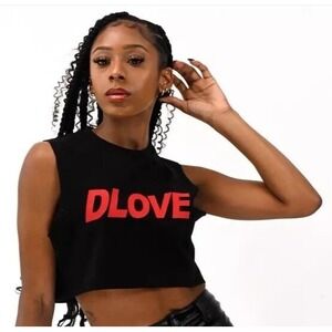 DLOVE  Black With Red Logo‎ Sz Small LADIES CROP TOP New